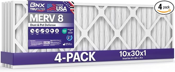 TruFilter 10x30x1 Air Filter MERV 8 (4-Pack) - MADE IN USA – Dust & Pet Defense Electrostatic Pleated Air Conditioner HVAC AC