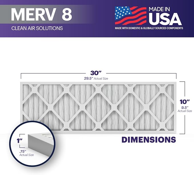 TruFilter 10x30x1 Air Filter MERV 8 (4-Pack) - MADE IN USA – Dust & Pet Defense Electrostatic Pleated Air Conditioner HVAC AC