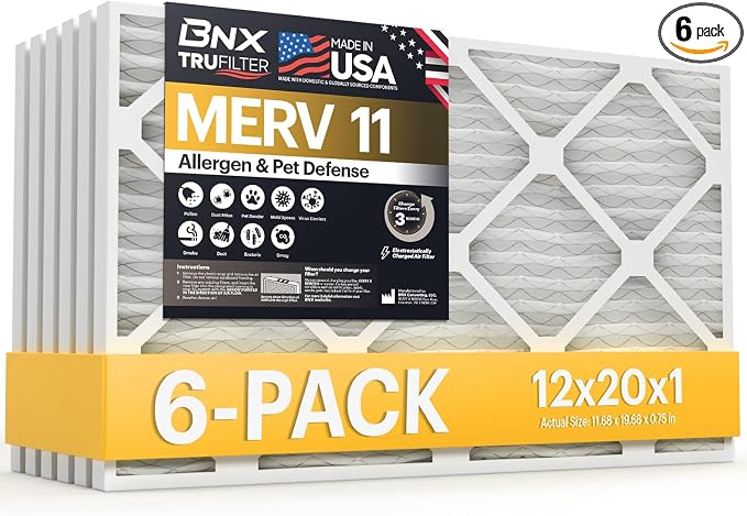 TruFilter 12x20x1 Air Filter MERV 11 (6-Pack) - MADE IN USA - Allergen Defense Electrostatic Pleated Air Conditioner HVAC AC