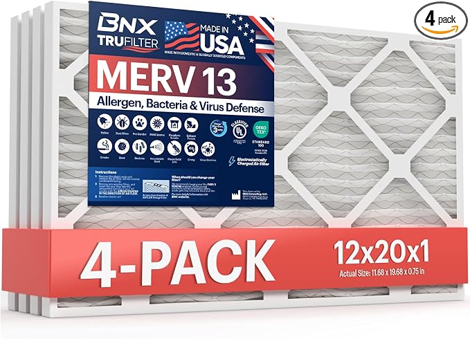 TruFilter 12x20x1 Air Filter MERV 13 4-Pack) - MADE IN USA - Electrostatic Pleated Air Conditioner HVAC AC Furnace Filters