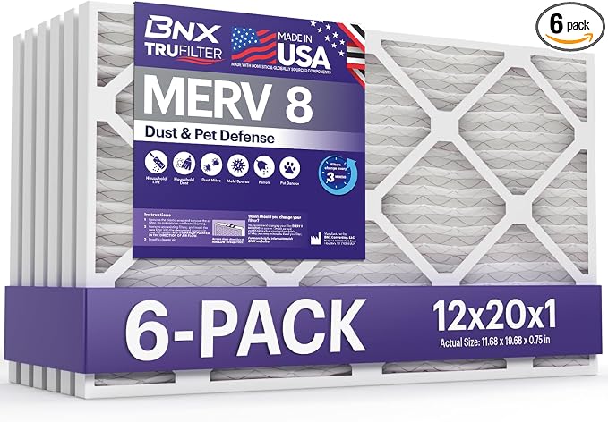 TruFilter 12x20x1 Air Filter MERV 8 (6-Pack) - MADE IN USA – Dust & Pet Defense Pleated Air Conditioner HVAC AC Furnace
