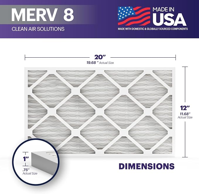 TruFilter 12x20x1 Air Filter MERV 8 (6-Pack) - MADE IN USA – Dust & Pet Defense Pleated Air Conditioner HVAC AC Furnace