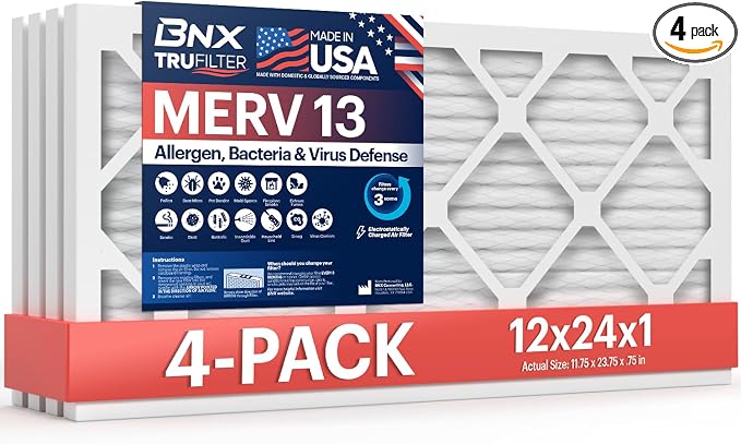 TruFilter 12x24x1 Air Filter MERV 13 (4-Pack) - MADE IN USA - Electrostatic Pleated Air Conditioner HVAC AC Furnace Filters