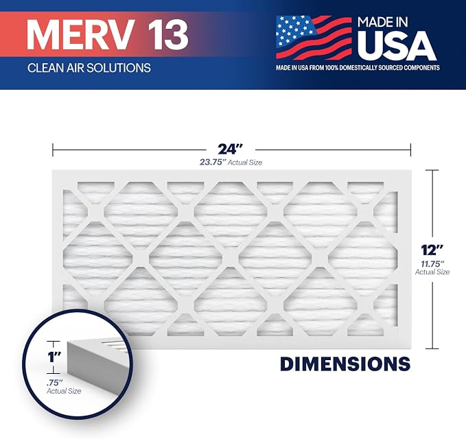 TruFilter 12x24x1 Air Filter MERV 13 (4-Pack) - MADE IN USA - Electrostatic Pleated Air Conditioner HVAC AC Furnace Filters