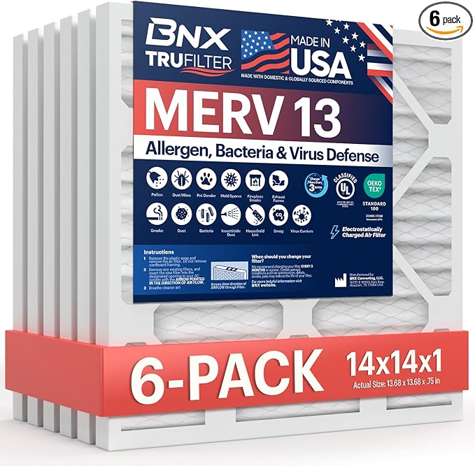 TruFilter 14x14x1 Air Filter MERV 13 (6-Pack) - MADE IN USA - Electrostatic Pleated Air Conditioner HVAC AC Furnace Filters