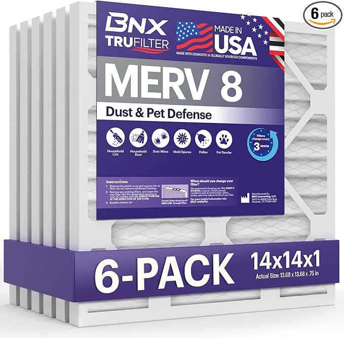 TruFilter 14x14x1 Air Filter MERV 8 (6-Pack) - MADE IN USA – Dust & Pet Defense Pleated Air Conditioner HVAC AC Furnace