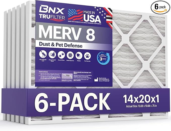 TruFilter 14x20x1 Air Filter MERV 8 (6-Pack) - MADE IN USA – Dust & Pet Defense Electrostatic Pleated Air Conditioner HVAC AC