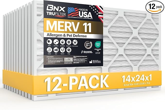 TruFilter 14x24x1 Air Filter MERV 11 (12-Pack) - MADE IN USA - Allergen Defense Electrostatic Pleated Air Conditioner HVAC AC