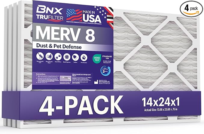 TruFilter 14x24x1 Air Filter MERV 8 (4-Pack) - MADE IN USA – Dust & Pet Defense Air Conditioner HVAC AC Furnace Filters for