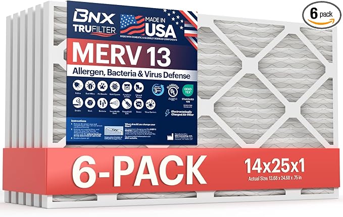 TruFilter 14x25x1 Air Filter MERV 13 (6-Pack) - MADE IN USA - Electrostatic Pleated Air Conditioner HVAC AC Furnace Filters