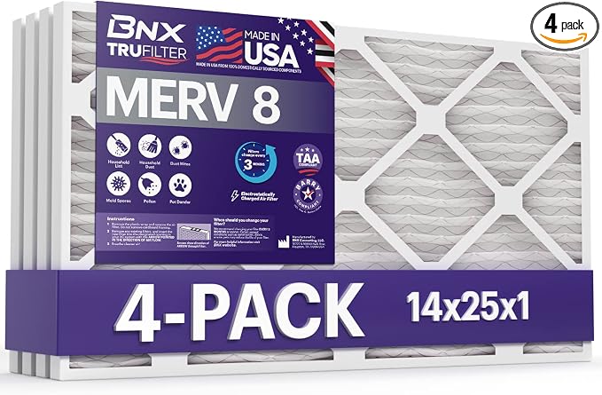 TruFilter 14x25x1 Air Filter MERV 8 (4 Pack) - MADE IN USA – Dust & Pet Defense Electrostatic Pleated Air Conditioner HVAC AC