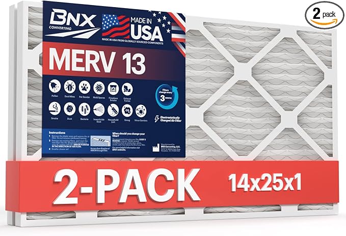 TruFilter 14x25x1 MERV 13 (2-Pack) AC Furnace Air Filter - MADE IN USA - Electrostatic Pleated Air Conditioner HVAC AC