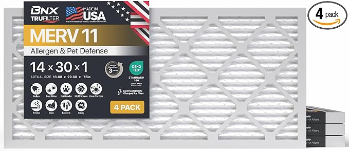 TruFilter 14x30x1 Air Filter MERV 11 (4-Pack) - MADE IN USA - Allergen Defense Electrostatic Pleated Air Conditioner HVAC AC