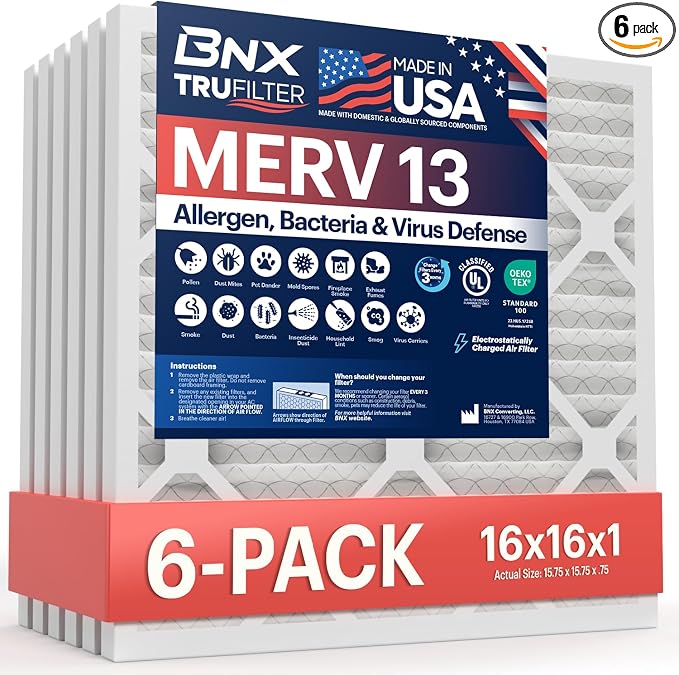 TruFilter 16x16x1 Air Filter MERV 13 (6-Pack) - MADE IN USA - Electrostatic Pleated Air Conditioner HVAC AC Furnace Filters