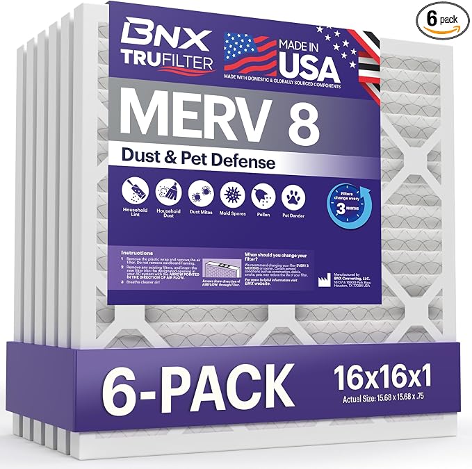 TruFilter 16x16x1 Air Filter MERV 8 (6-Pack) - MADE IN USA – Dust & Pet Defense Air Conditioner HVAC AC Furnace Filters for
