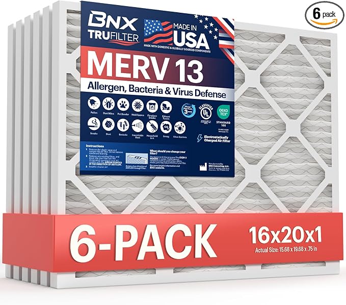 TruFilter 16x20x1 Air Filter MERV 13 (6-Pack) - MADE IN USA - Electrostatic Pleated Air Conditioner HVAC AC Furnace Filters