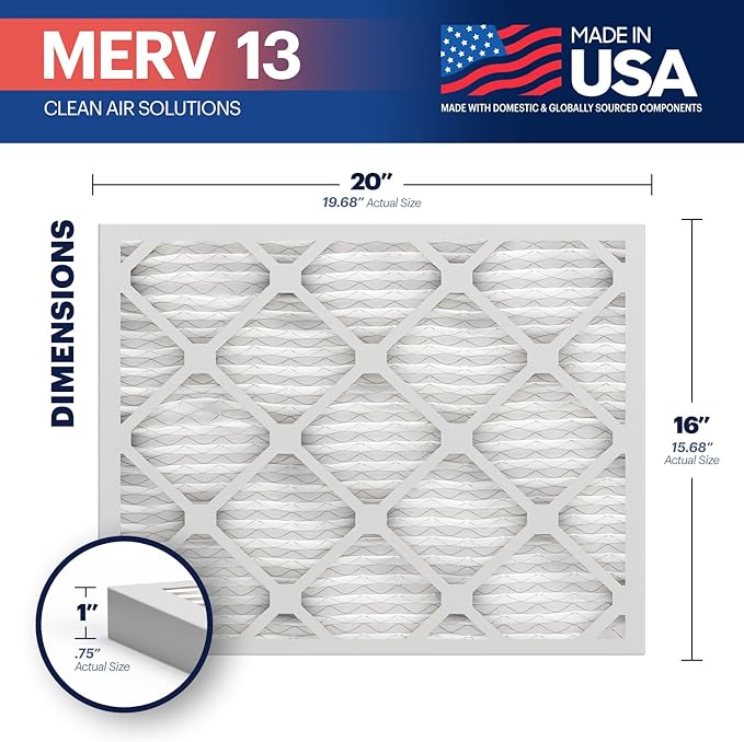 TruFilter 16x20x1 Air Filter MERV 13 (6-Pack) - MADE IN USA - Electrostatic Pleated Air Conditioner HVAC AC Furnace Filters