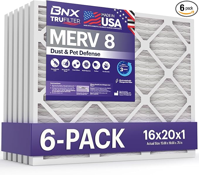 TruFilter 16x20x1 Air Filter MERV 8 (6-Pack) - MADE IN USA – Dust & Pet Defense Electrostatic Pleated Air Conditioner HVAC AC