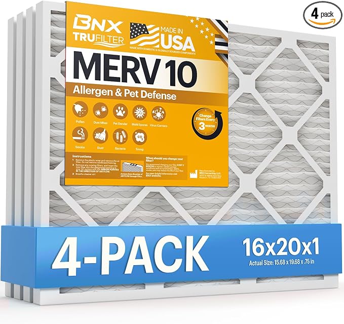 TruFilter 16x20x1 MERV 10 (4-Pack) AC Furnace Air Filter - MADE IN USA - Pleated Air Conditioner HVAC AC Furnace