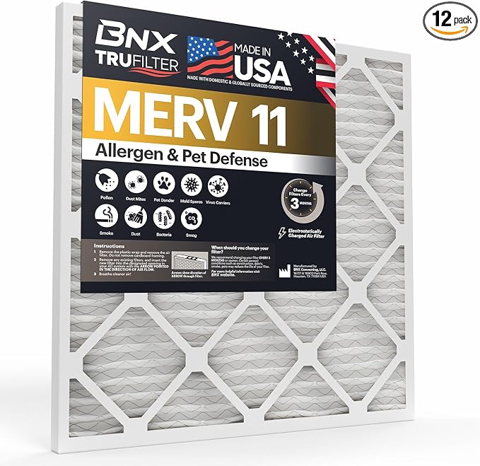 TruFilter 16x24x1 Air Filter MERV 11 (12-Pack) - MADE IN USA - Allergen Defense Electrostatic Pleated Air