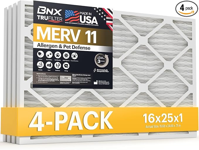 TruFilter 16x25x1 Air Filter MERV 11 (4-Pack) - MADE IN USA - Allergen Defense Electrostatic Pleated Air Conditioner HVAC AC