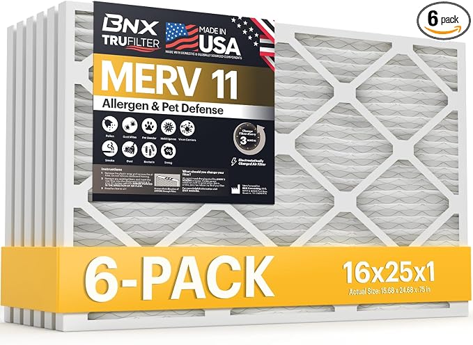TruFilter 16x25x1 Air Filter MERV 11 (6-Pack) - MADE IN USA - Allergen Defense Electrostatic Pleated Air