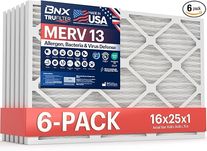 TruFilter 16x25x1 Air Filter MERV 13 (6-Pack) - MADE IN USA - Electrostatic Pleated Air Conditioner HVAC AC Furnace Filters