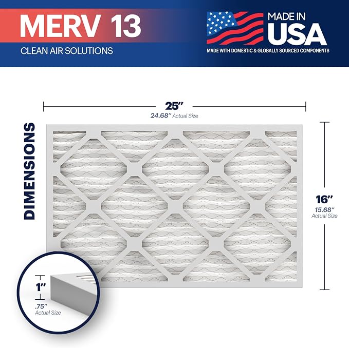 TruFilter 16x25x1 Air Filter MERV 13 (6-Pack) - MADE IN USA - Electrostatic Pleated Air Conditioner HVAC AC Furnace Filters