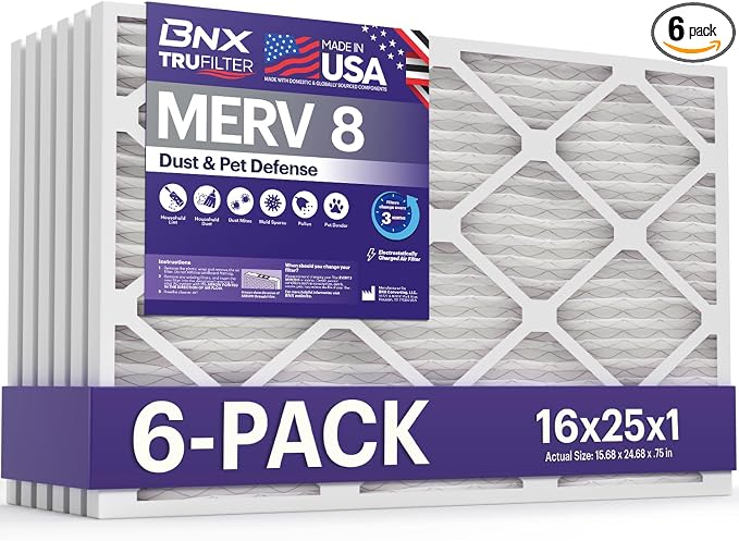 TruFilter 16x25x1 Air Filter MERV 8 (6-Pack) - MADE IN USA – Dust & Pet Defense Electrostatic Pleated Air Conditioner HVAC AC