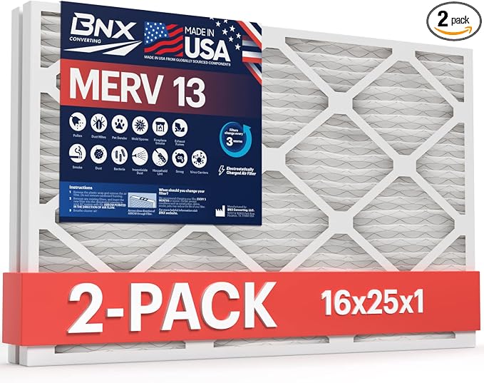 TruFilter 16x25x1 MERV 13 (2-Pack) AC Furnace Air Filter - MADE IN USA - Electrostatic Pleated Air Conditioner HVAC AC