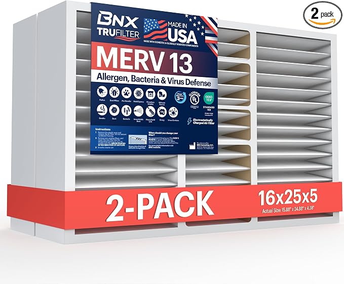 TruFilter 16x25x5 (15.88’’ x 24.88’’ x 4.38‘’ Compatible with 4”) MERV 13 Air Filter (2-Pack) - MADE IN USA