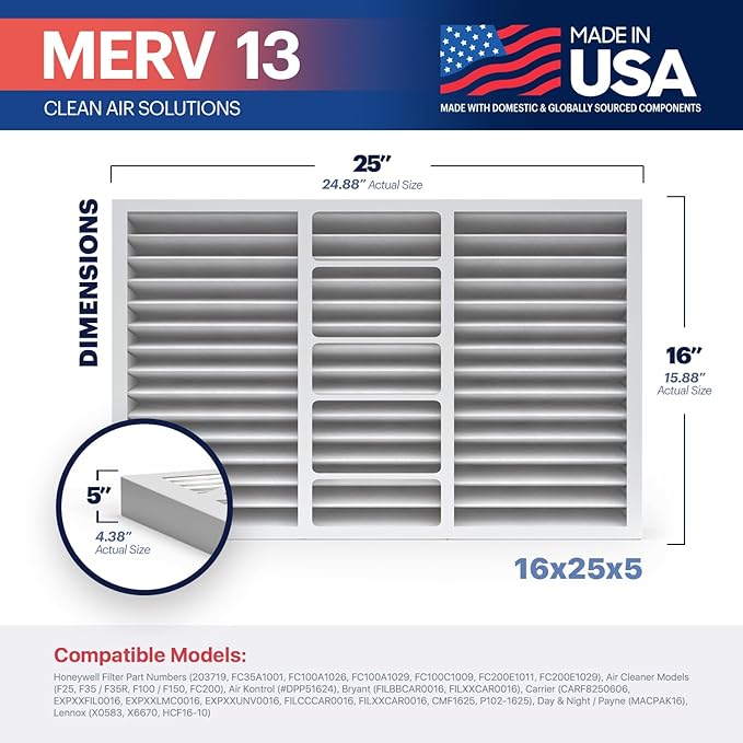 TruFilter 16x25x5 (15.88’’ x 24.88’’ x 4.38‘’ Compatible with 4”) MERV 13 Air Filter (2-Pack) - MADE IN USA