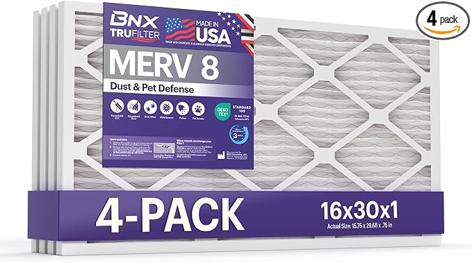 TruFilter 16x30x1 Air Filter MERV 8 (4-Pack) - MADE IN USA – Dust & Pet Defense Electrostatic Pleated Air Conditioner HVAC AC