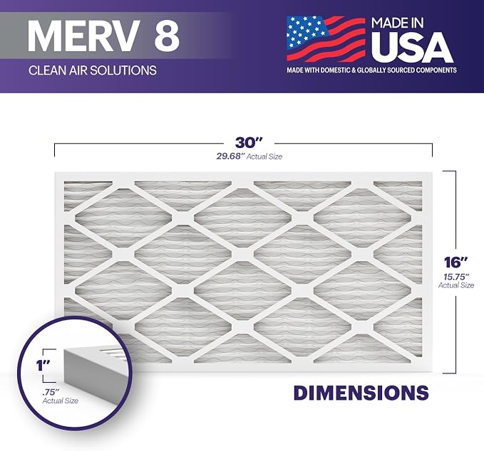 TruFilter 16x30x1 Air Filter MERV 8 (4-Pack) - MADE IN USA – Dust & Pet Defense Electrostatic Pleated Air Conditioner HVAC AC