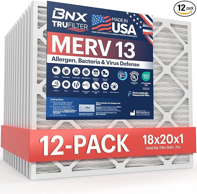TruFilter 18x20x1 Air Filter MERV 13 (12-Pack) - MADE IN USA - Electrostatic Pleated Air Conditioner HVAC AC Furnace Filters