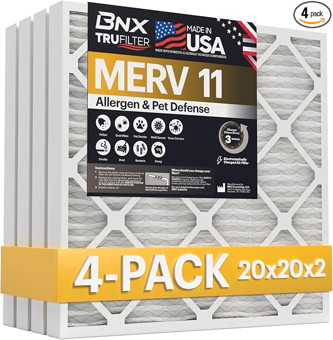 TruFilter 20x20x2 Air Filter MERV 11 (4-Pack) - MADE IN USA - Allergen Defense Electrostatic Pleated Air Conditioner HVAC AC