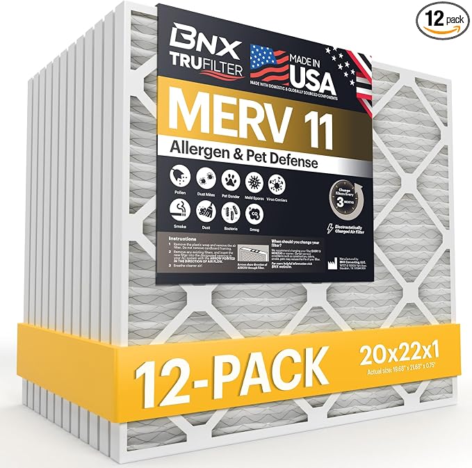 TruFilter 20x22x1 Air Filter MERV 11 (12-Pack)- MADE IN USA - Allergen Defense Electrostatic Pleated Air