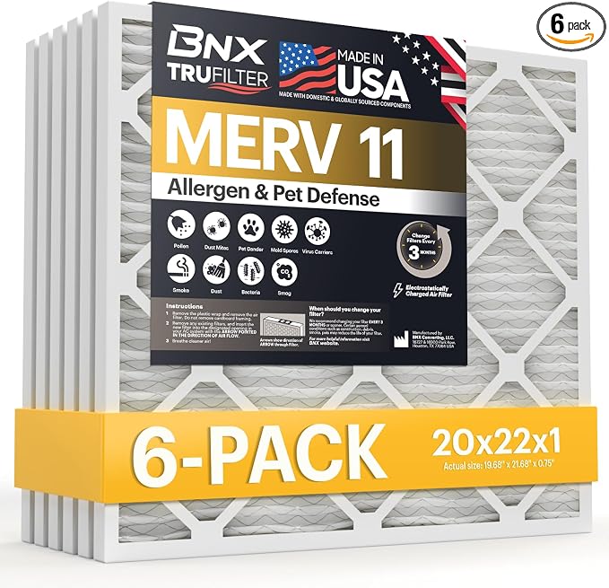 TruFilter 20x22x1 Air Filter MERV 11 (6-Pack) - MADE IN USA - Allergen Defense Electrostatic Pleated Air