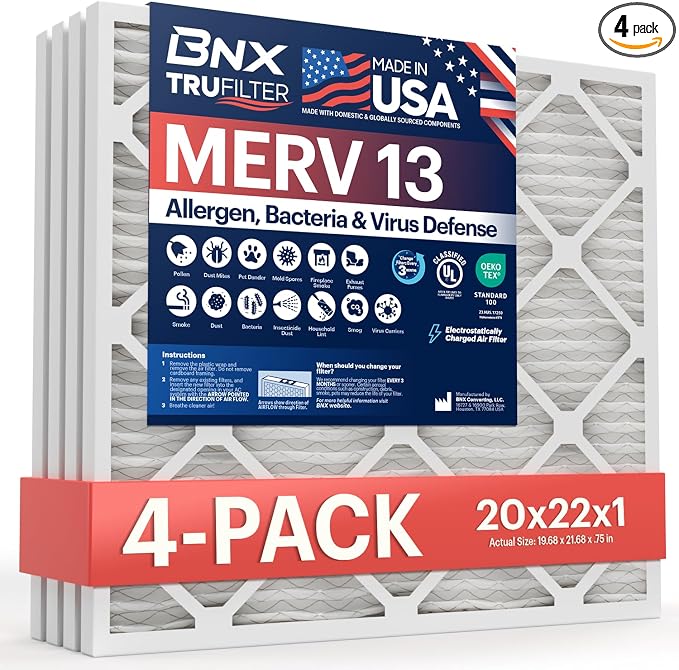 TruFilter 20x22x1 Air Filter MERV 13 (4-Pack) - MADE IN USA - Electrostatic Pleated Air Conditioner HVAC AC Furnace Filters