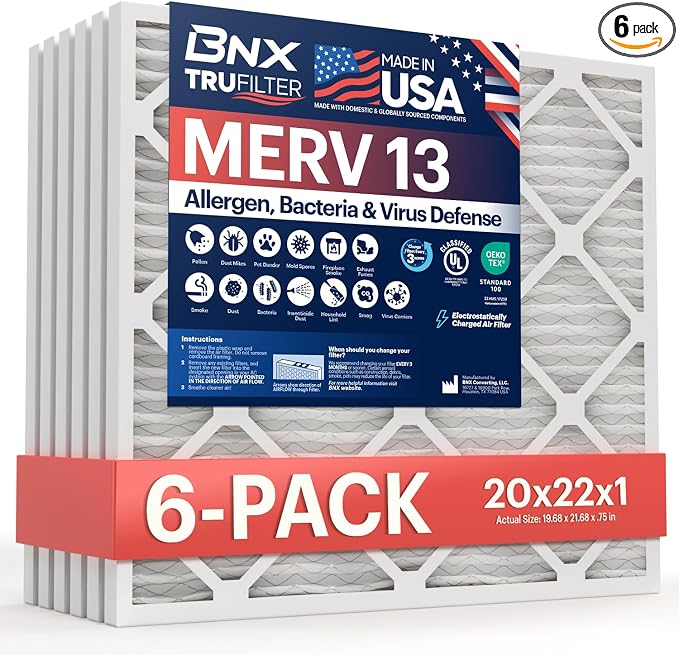 TruFilter 20x22x1 Air Filter MERV 13 (6-Pack) - MADE IN USA - Electrostatic Pleated Air Conditioner HVAC AC Furnace Filters