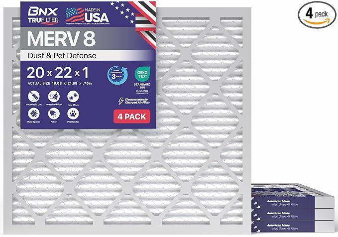TruFilter 20x22x1 Air Filter MERV 8 (4-Pack) - MADE IN USA – Dust & Pet Defense Electrostatic Pleated Air Conditioner HVAC AC
