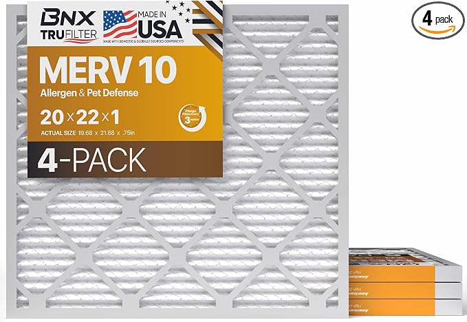 TruFilter 20x22x1 MERV 10 (4-Pack) AC Furnace Air Filter - MADE IN USA - Pleated Air Conditioner HVAC AC Furnace Filters