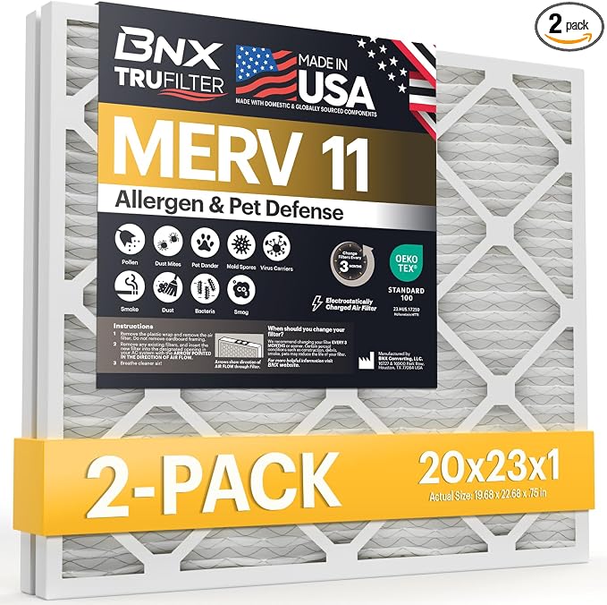 TruFilter 20x23x1 Air Filter MERV 11 (2-Pack)- MADE IN USA - Allergen Defense Electrostatic Pleated Air Conditioner HVAC AC