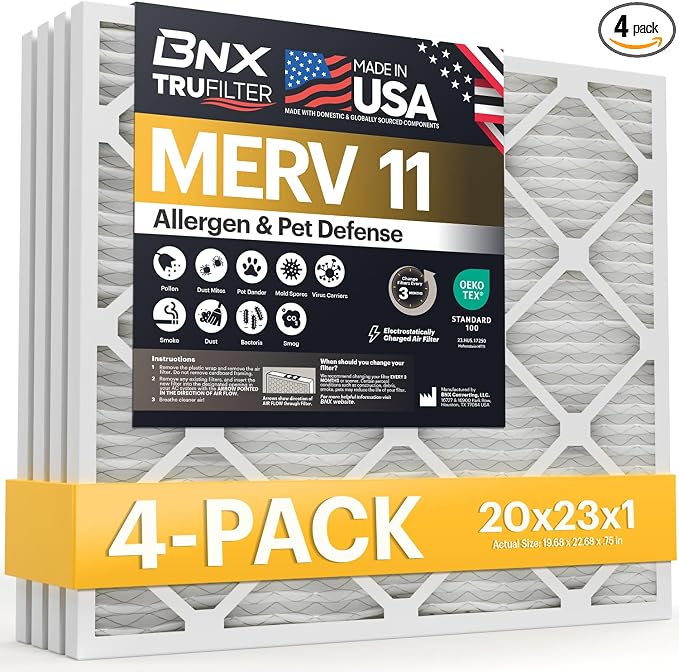 TruFilter 20x23x1 Air Filter MERV 11 (4-Pack) - MADE IN USA - Allergen Defense Electrostatic Pleated Air