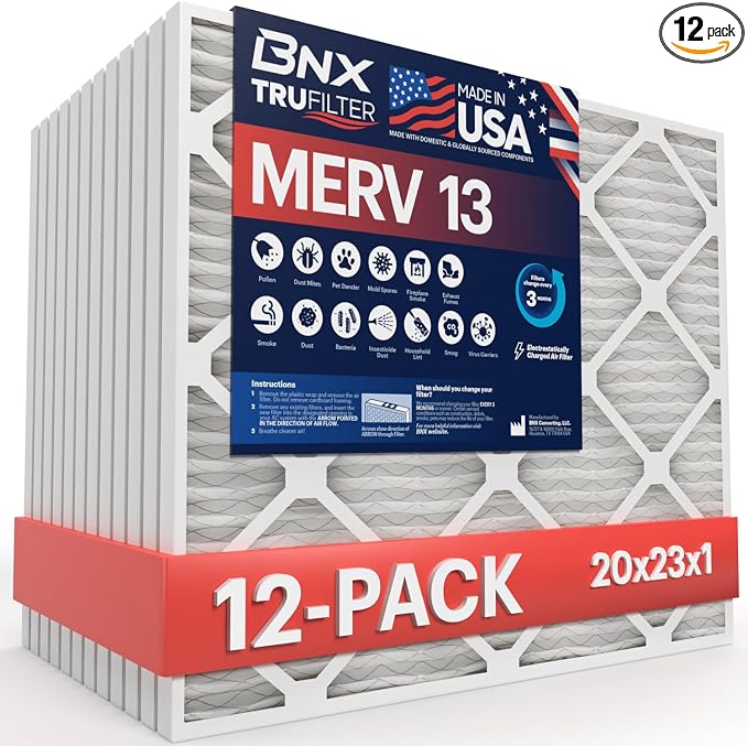 TruFilter 20x23x1 Air Filter MERV 13 (12-Pack) - MADE IN USA - Electrostatic Pleated Air Conditioner HVAC AC