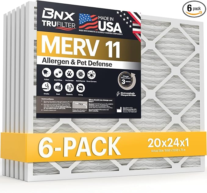 TruFilter 20x24x1 Air Filter MERV 11 (6-Pack) - MADE IN USA - Allergen Defense Electrostatic Pleated Air