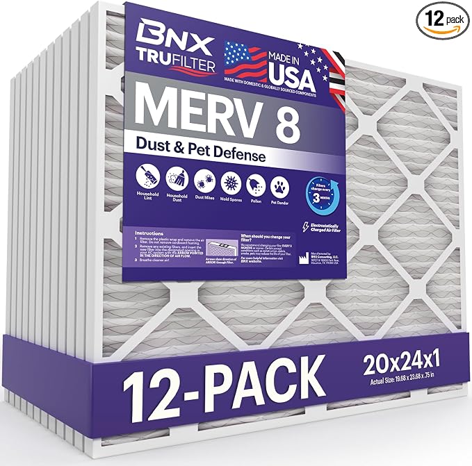 TruFilter 20x24x1 Air Filter MERV 8 (12-Pack) - MADE IN USA – Dust & Pet Defense Electrostatic Pleated Air Conditioner HVAC