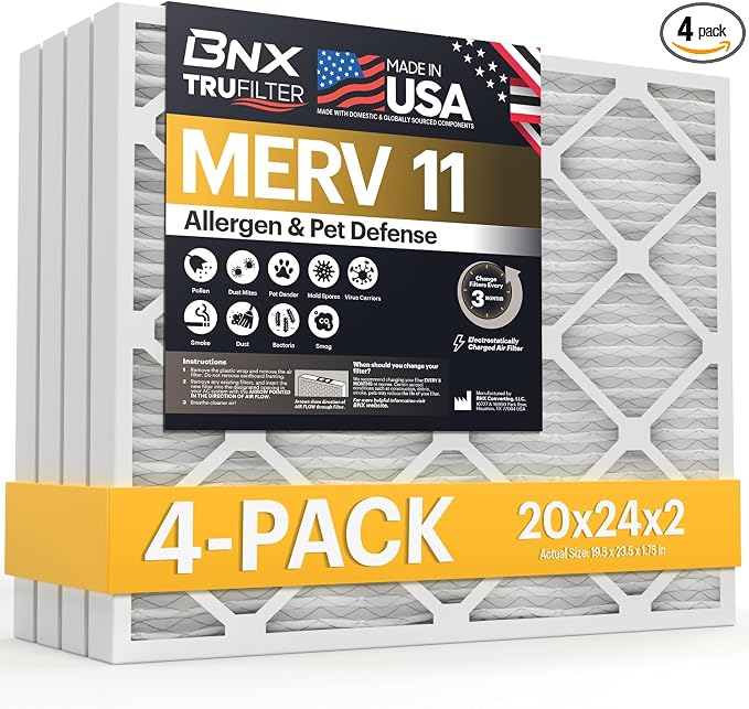 TruFilter 20x24x2 Air Filter MERV 11 (4-Pack) - MADE IN USA - Allergen Defense Electrostatic Pleated Air Conditioner HVAC AC