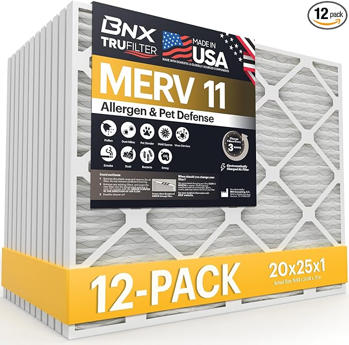 TruFilter 20x25x1 Air Filter MERV 11 (12-Pack) - MADE IN USA - Allergen Defense Electrostatic Pleated Air Conditioner HVAC AC