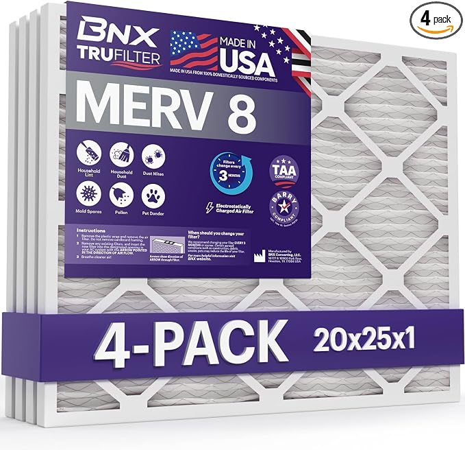 TruFilter 20x25x1 Air Filter MERV 8 (4 Pack) - MADE IN USA – Dust & Pet Defense Electrostatic Pleated Air Conditioner HVAC AC